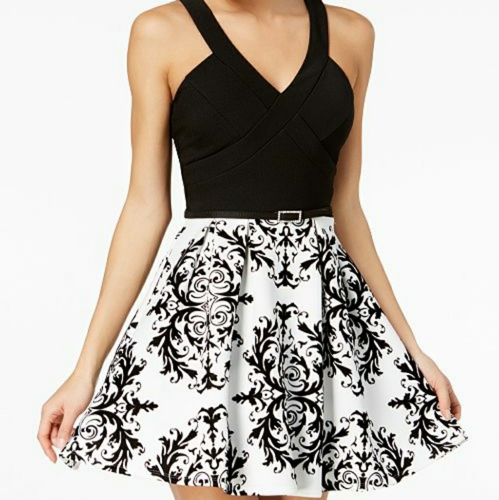 Juniors' Flocked and Fit Flare Dress